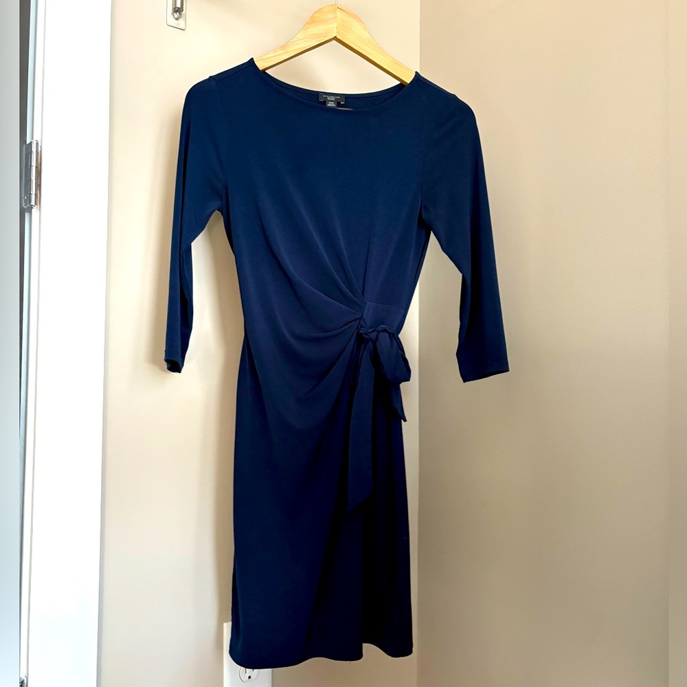 Navy 3/4 Sleeve Dress, XXSP, Tie Waist